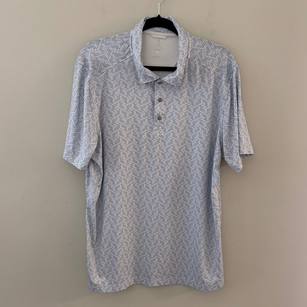 CBUK Cutter & Buck Mens Large Blue White Geometric 3D Cube Print Golf Polo Shirt